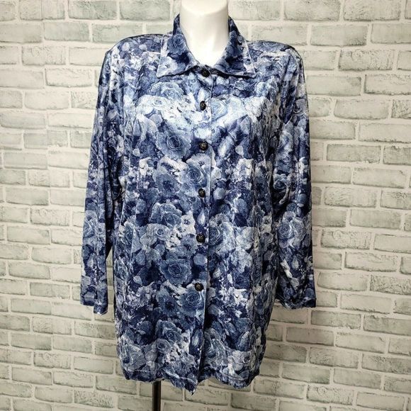 Vintage 90s Cervelle Womens 2X Blue‎ Velvet Rose Floral Pattern Button Front Top - Picture 1 of 9
